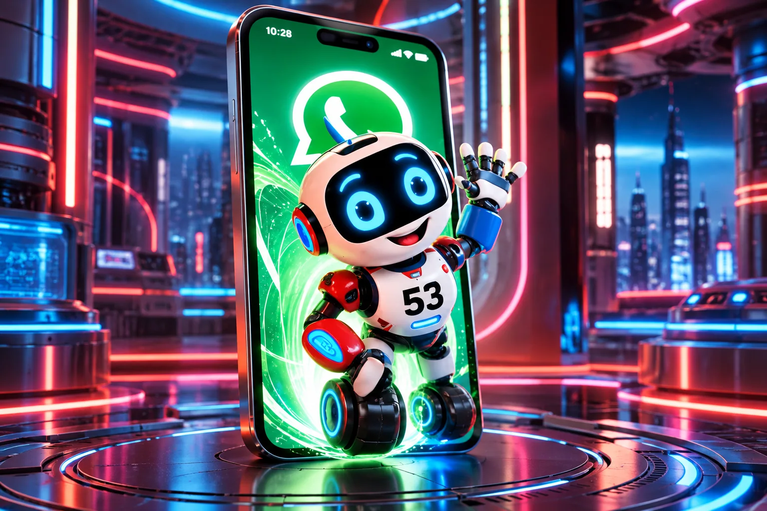 Robô 53 ao lado de um celular com o símbolo do WhatsApp.